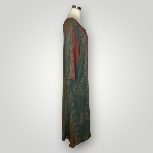 Vintage Y2k Globetrotter Maxi Dress Rayon Earth Tones Abstract Patterns Flowy L - Picture 2 of 6